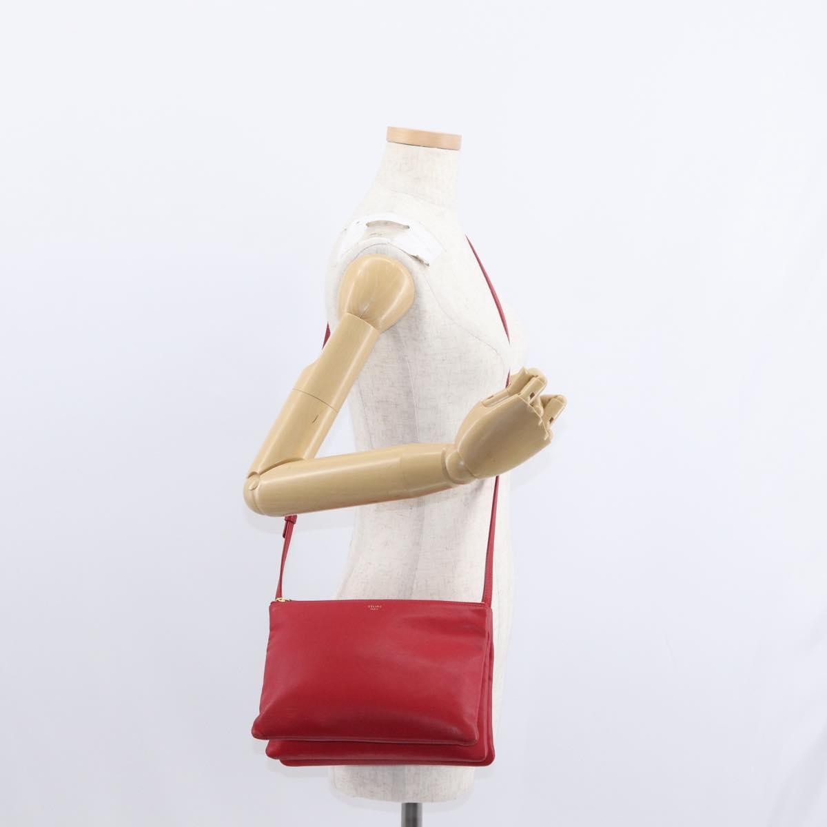 Celine Trio Crossbody Bag Leather, RED, LEATHER, Shoulder bag