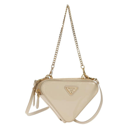 Prada Triangle Double Zip Pouch Bag with Chain Patent leather, BEIGE, PATENT_LEATHER, Clutche & pouche