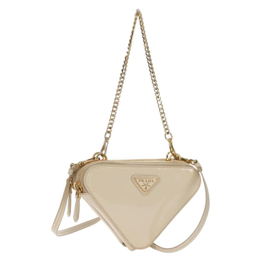 Prada Triangle Double Zip Pouch Bag with Chain Patent leather, BEIGE, PATENT_LEATHER, Clutche & pouche