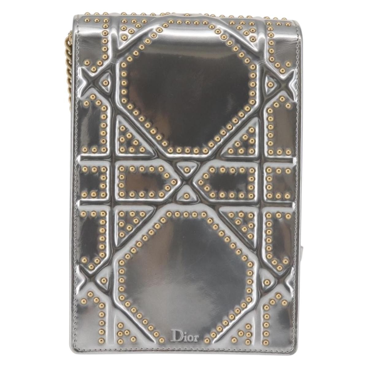 Christian Dior Ultra Matte Diorama Vertical Clutch on Chain Studded Leather, SILVER, PATENT_LEATHER, Clutche & pouche