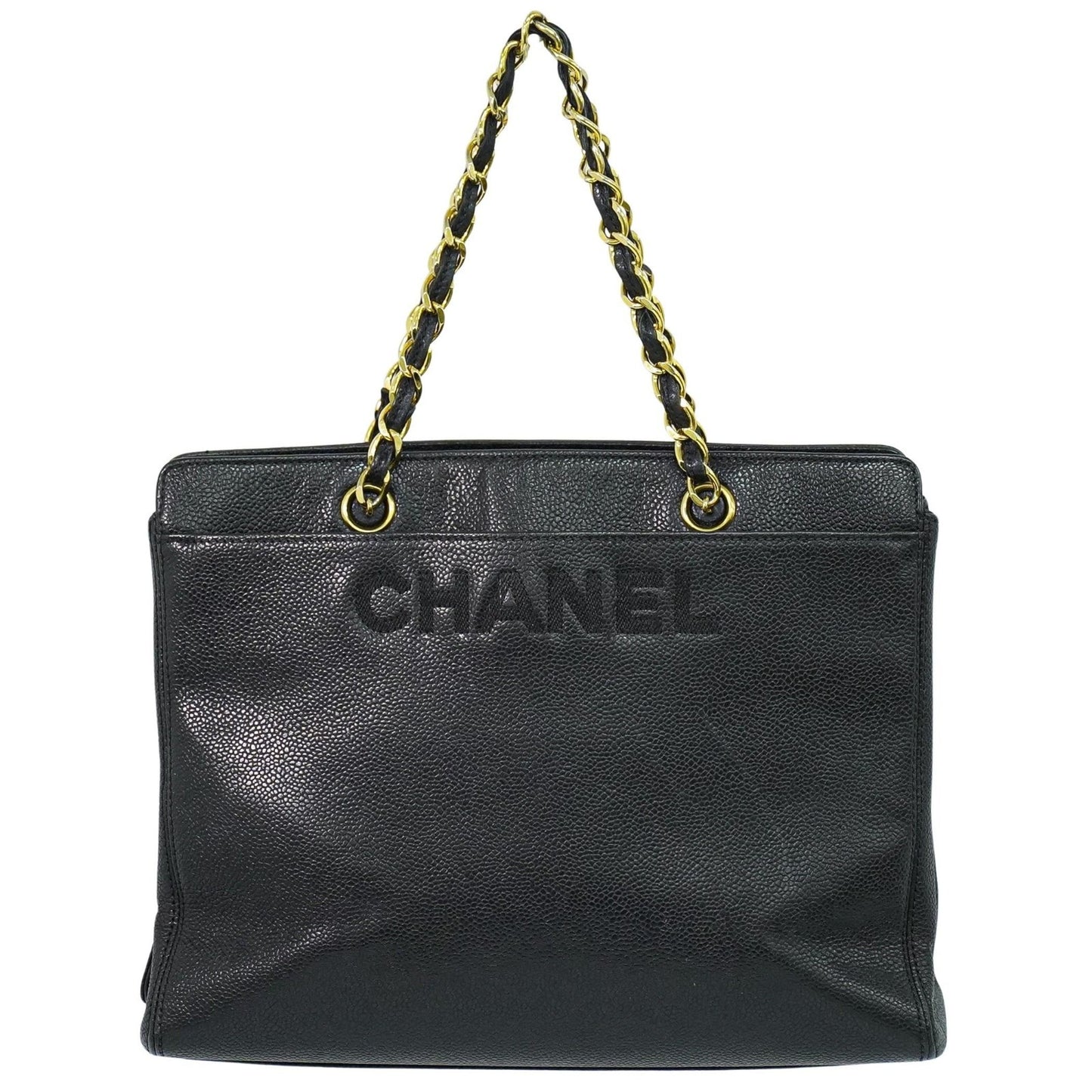 Chanel Vintage Logo Chain Tote Caviar, BLACK, LEATHER, Tote bag