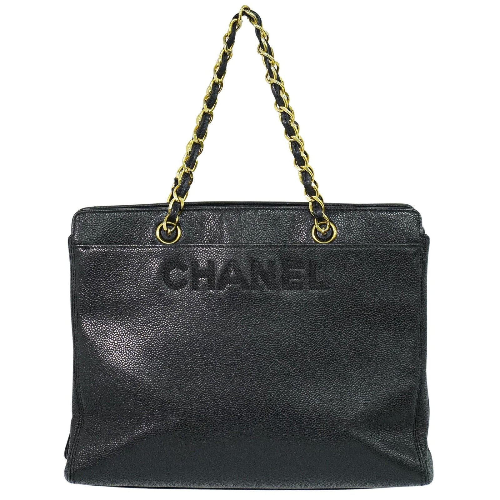 Chanel Vintage Logo Chain Tote Caviar, BLACK, LEATHER, Tote bag