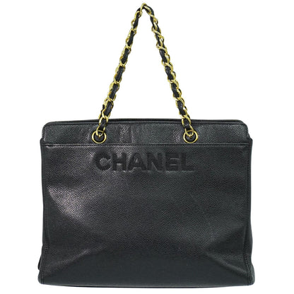Chanel Vintage Logo Chain Tote Caviar, BLACK, LEATHER, Tote bag