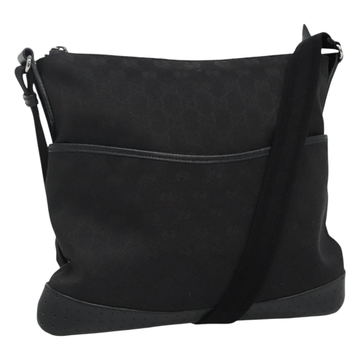 Gucci Zip Messenger Bag GG Canvas with Perforated Leather, BLACK, CANVAS, Shoulder bag