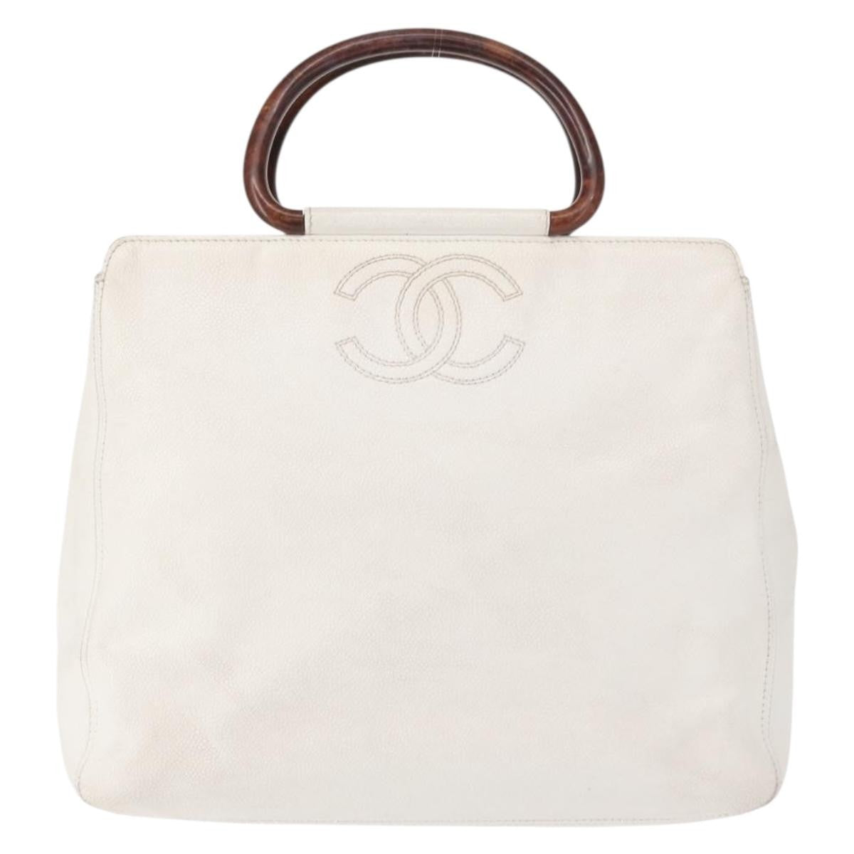 Chanel Vintage Wooden Ring Tote Caviar, WHITE, LEATHER, Tote bag