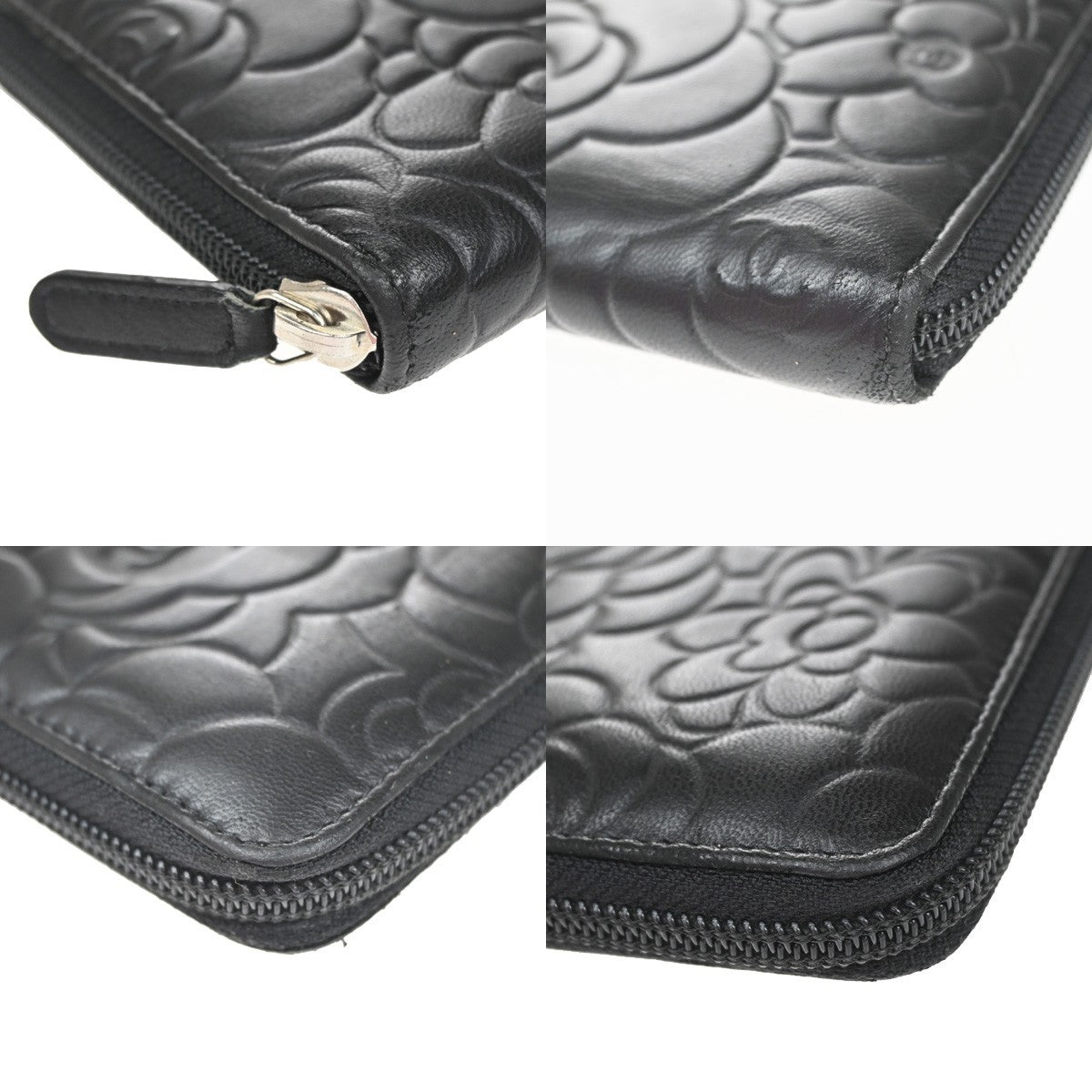Chanel Camellia Zip Around Organizer Leather, Black, Leather, Wallet