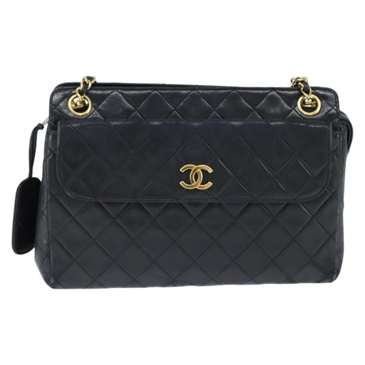 Chanel Vintage Front Pocket Shoulder Bag Quilted Lambskin, BLACK, LEATHER, Shoulder bag