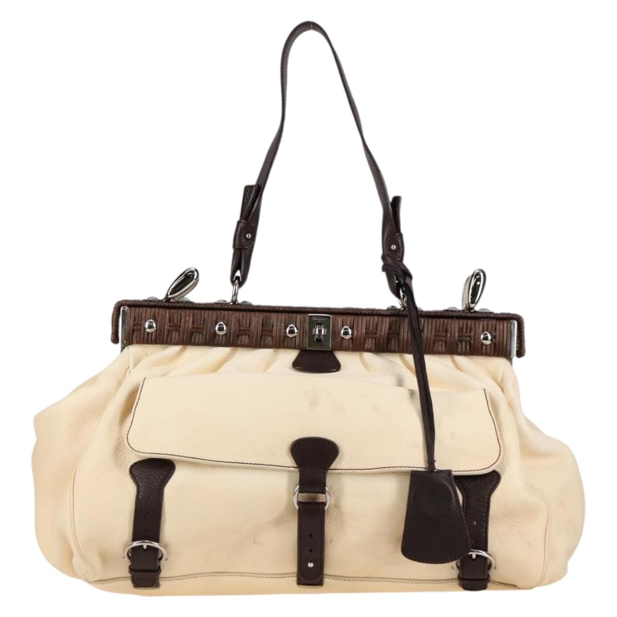 Salvatore Ferragamo Gancini handbag Leather, BEIGE, LEATHER, Handbag