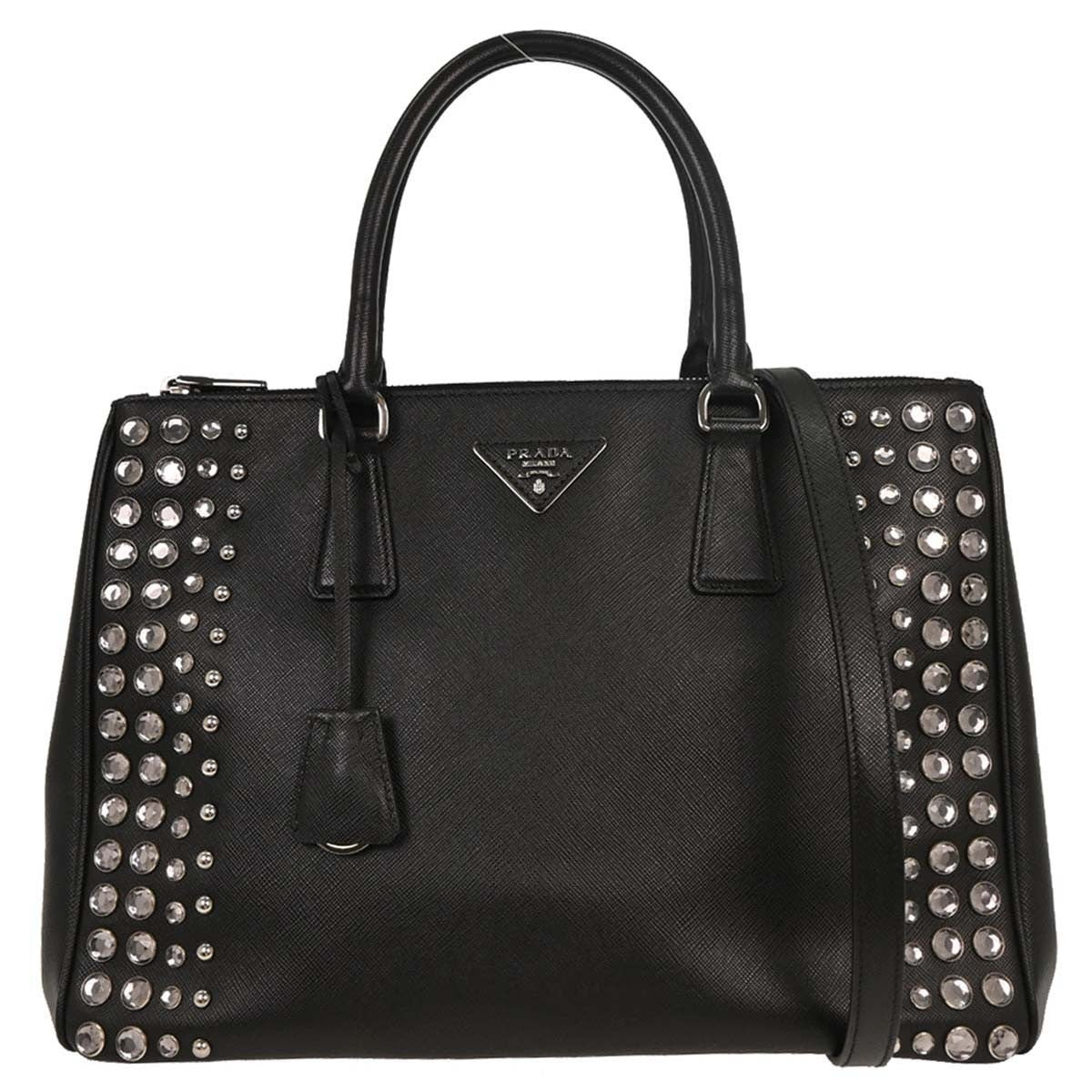 Prada Grommet Galleria Double Zip Tote City Calfskin, BLACK, LEATHER, Shoulder bag