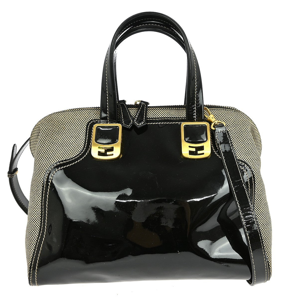 Fendi Chameleon Satchel Patent and Canvas, BLACK, PATENT_LEATHER, Handbag