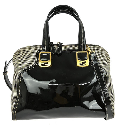 Fendi Chameleon Satchel Patent and Canvas, BLACK, PATENT_LEATHER, Handbag