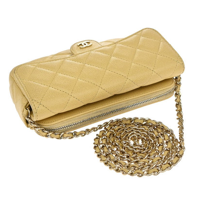 Chanel Classic Sunglasses Case with Chain Quilted Caviar, BEIGE, LEATHER, Clutche & pouche