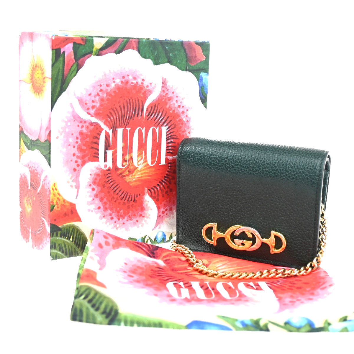 Gucci Zumi Chain Card Case Leather, GREEN, LEATHER, Wallets