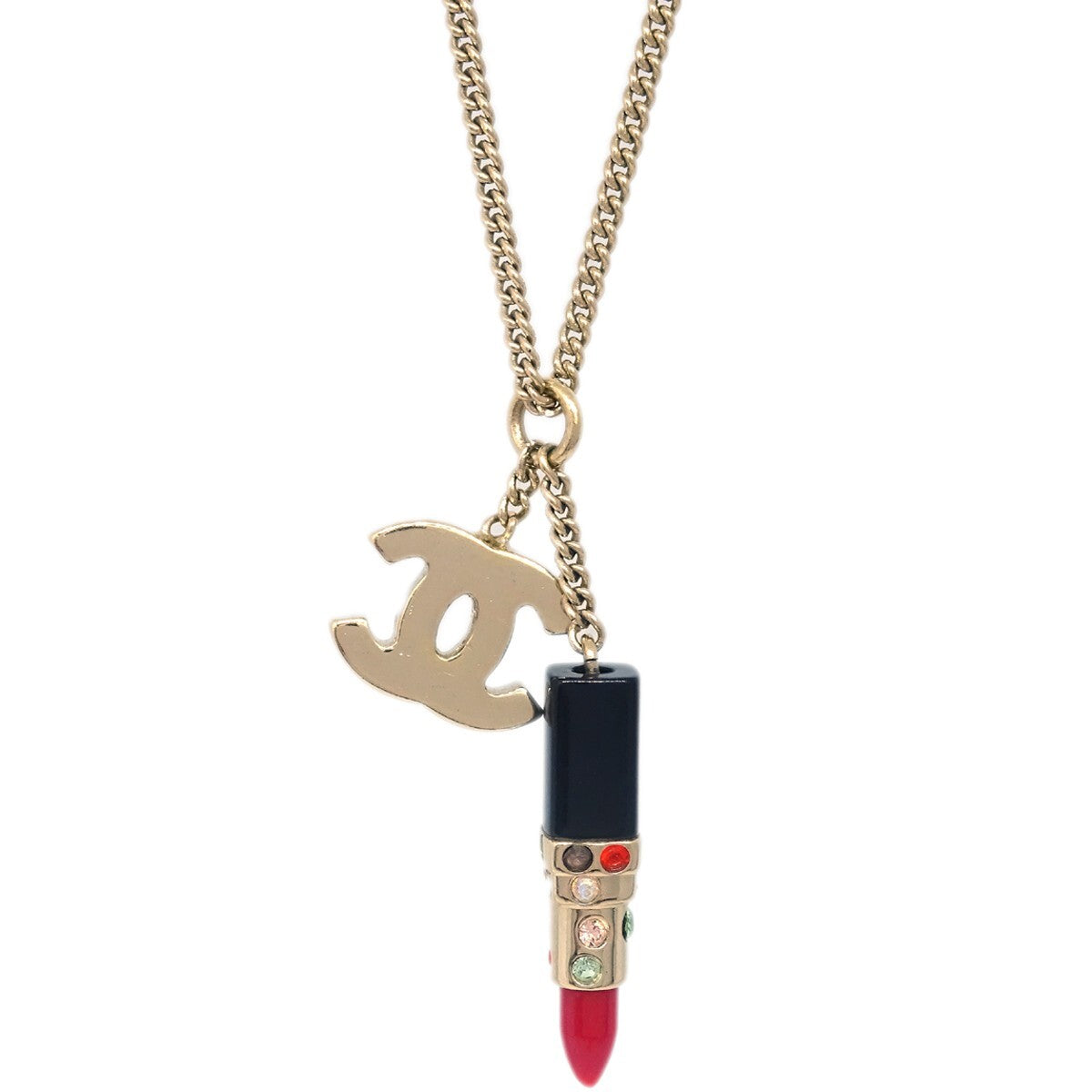 Chanel CC Lipstick Charm Pendant Necklace Metal with Resin and Crystals, GOLD, METAL, Necklace