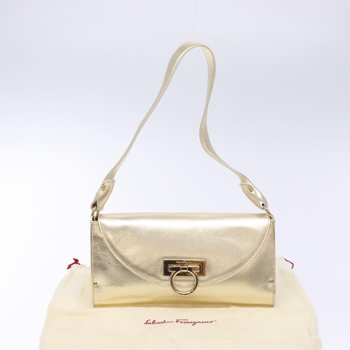 Salvatore Ferragamo Gancini Shoulder Bag Leather, GOLD, LEATHER, Shoulder bag