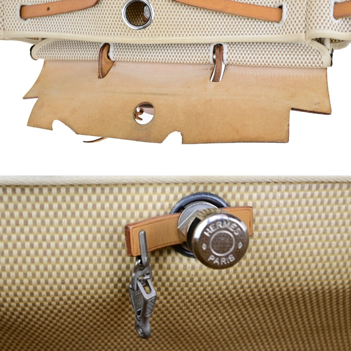 Hermes Herbag Zip Leather and Toile, BROWN, CANVAS, Travel bag