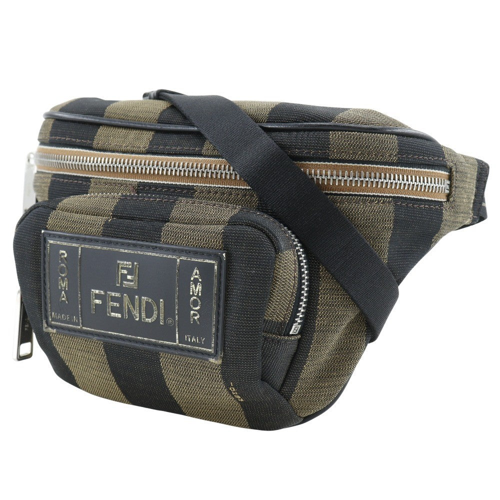 Fendi Front Pocket Waist Bag Pequin Canvas, BROWN, NYLON, Travel bag