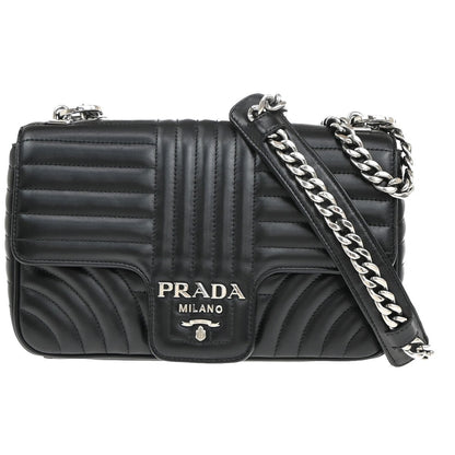 Prada Chain Flap Shoulder Bag Diagramme Quilted Leather, BLACK, LEATHER, Shoulder bag