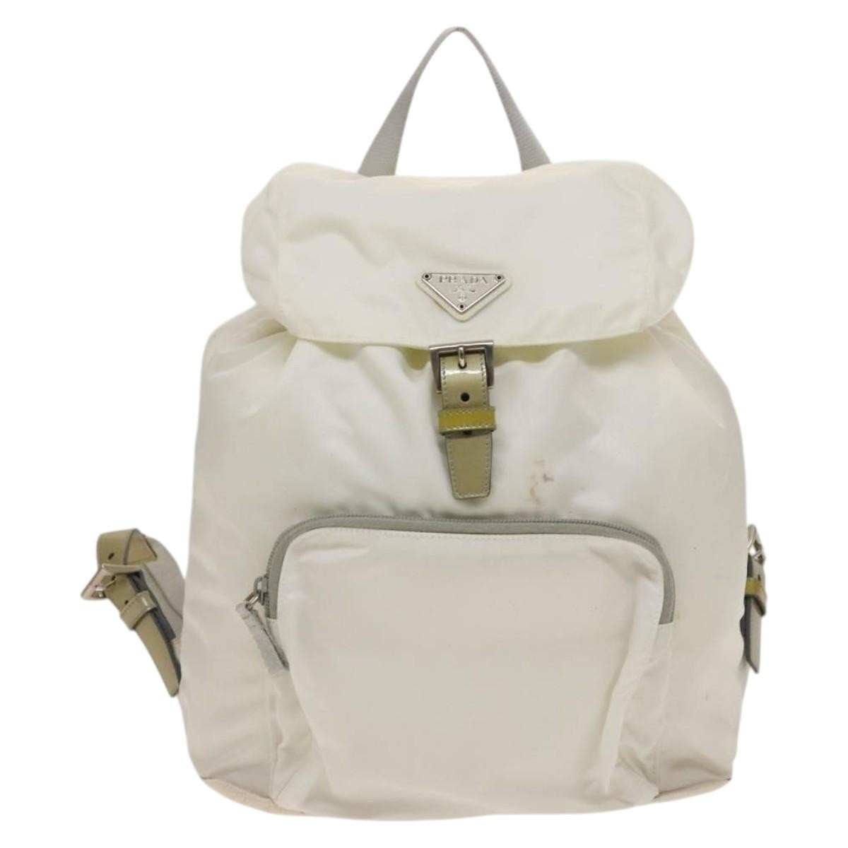 Prada Front Pocket Buckle Backpack Nylon, WHITE, NYLON, Backpack