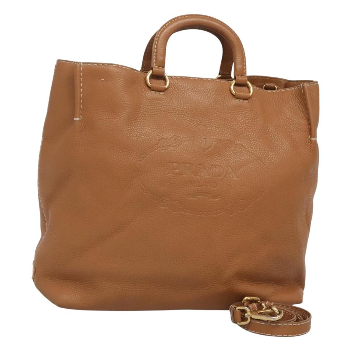 Prada Embossed Logo Convertible Open Tote Vitello Daino, BROWN, LEATHER, Tote bag