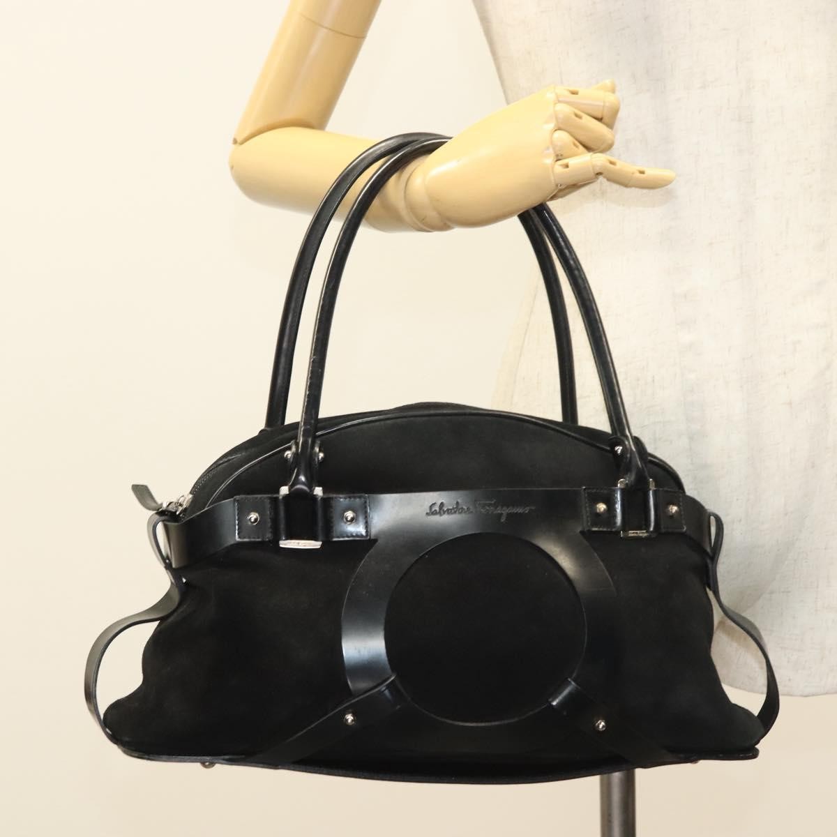 Salvatore Ferragamo Gancini handbag Suede, BLACK, SUEDE, Handbag