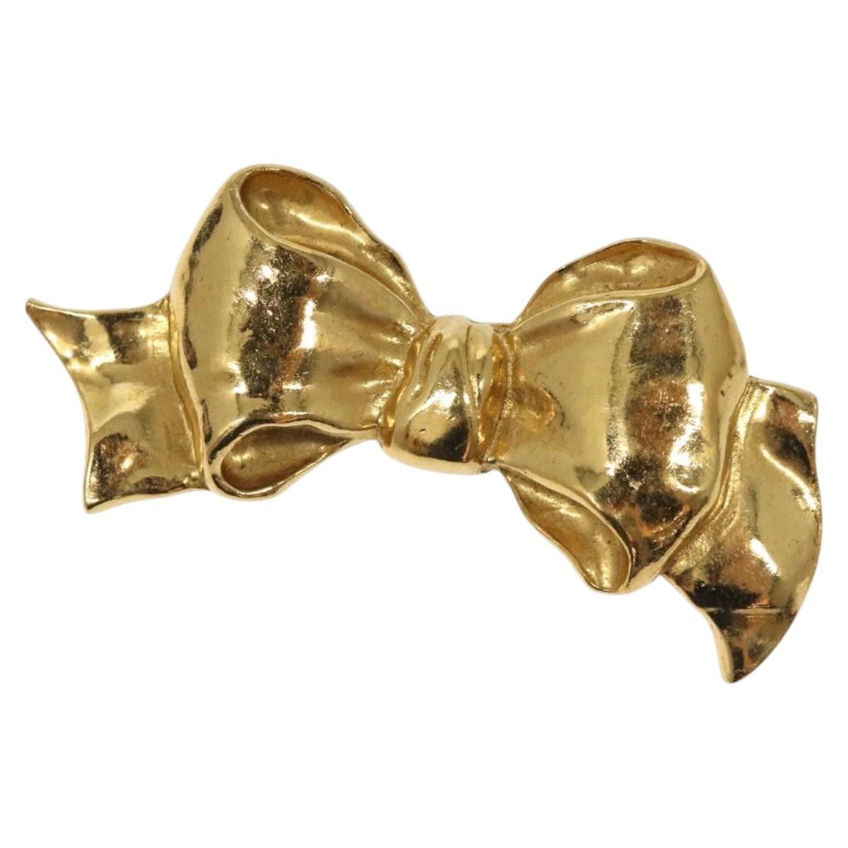 Chanel Vintage CC Bow Brooch Felt with Faux Pearls, GOLD, METAL, Brooch