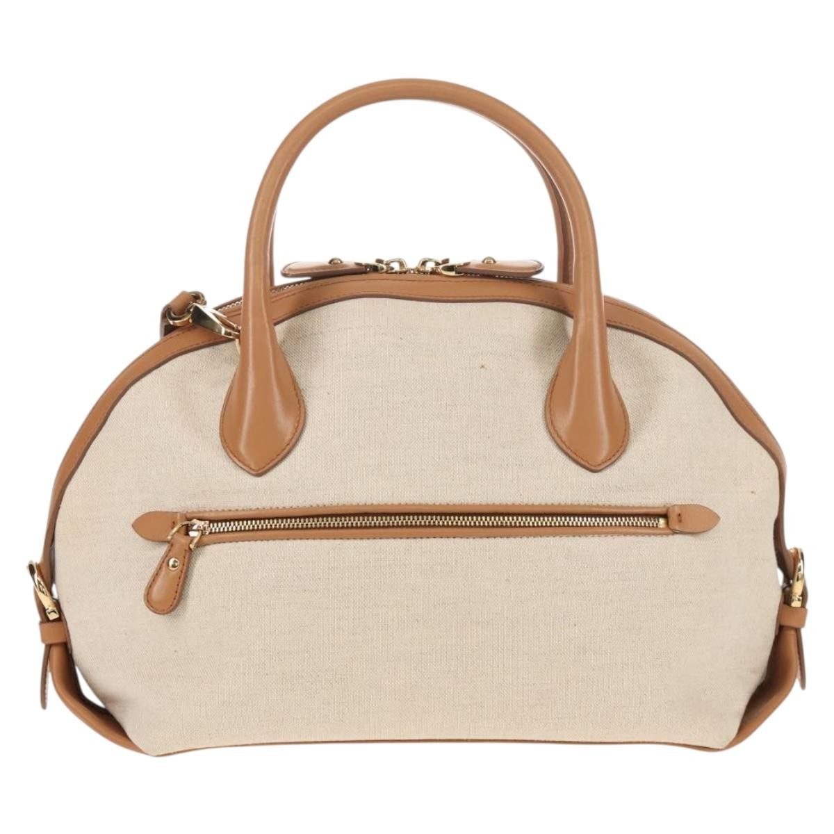 Salvatore Ferragamo Vintage Fiamma Satchel Canvas and Leather, BEIGE, CANVAS, Handbag