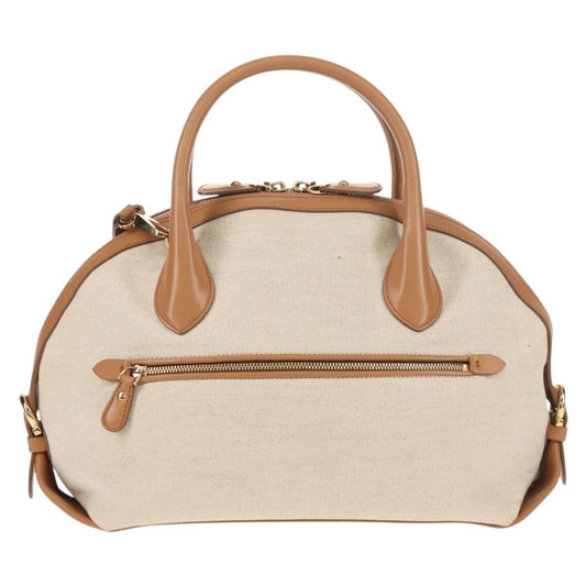 Salvatore Ferragamo Vintage Fiamma Satchel Canvas and Leather, BEIGE, CANVAS, Handbag