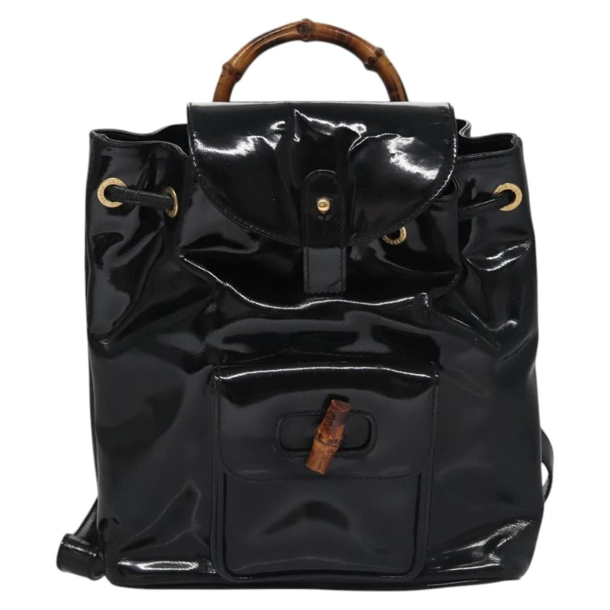 Gucci Vintage Bamboo Backpack Patent, BLACK, PATENT_LEATHER, Backpack