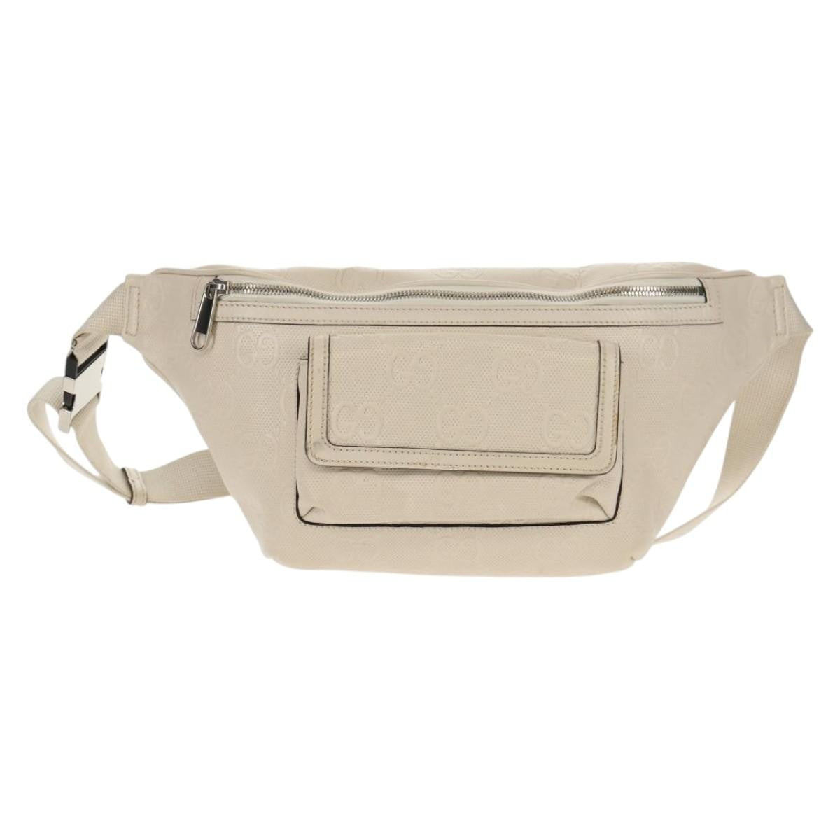 Gucci Front Pocket Belt Bag GG Embossed Perforated Leather, WHITE, CANVAS, Shoulder bag