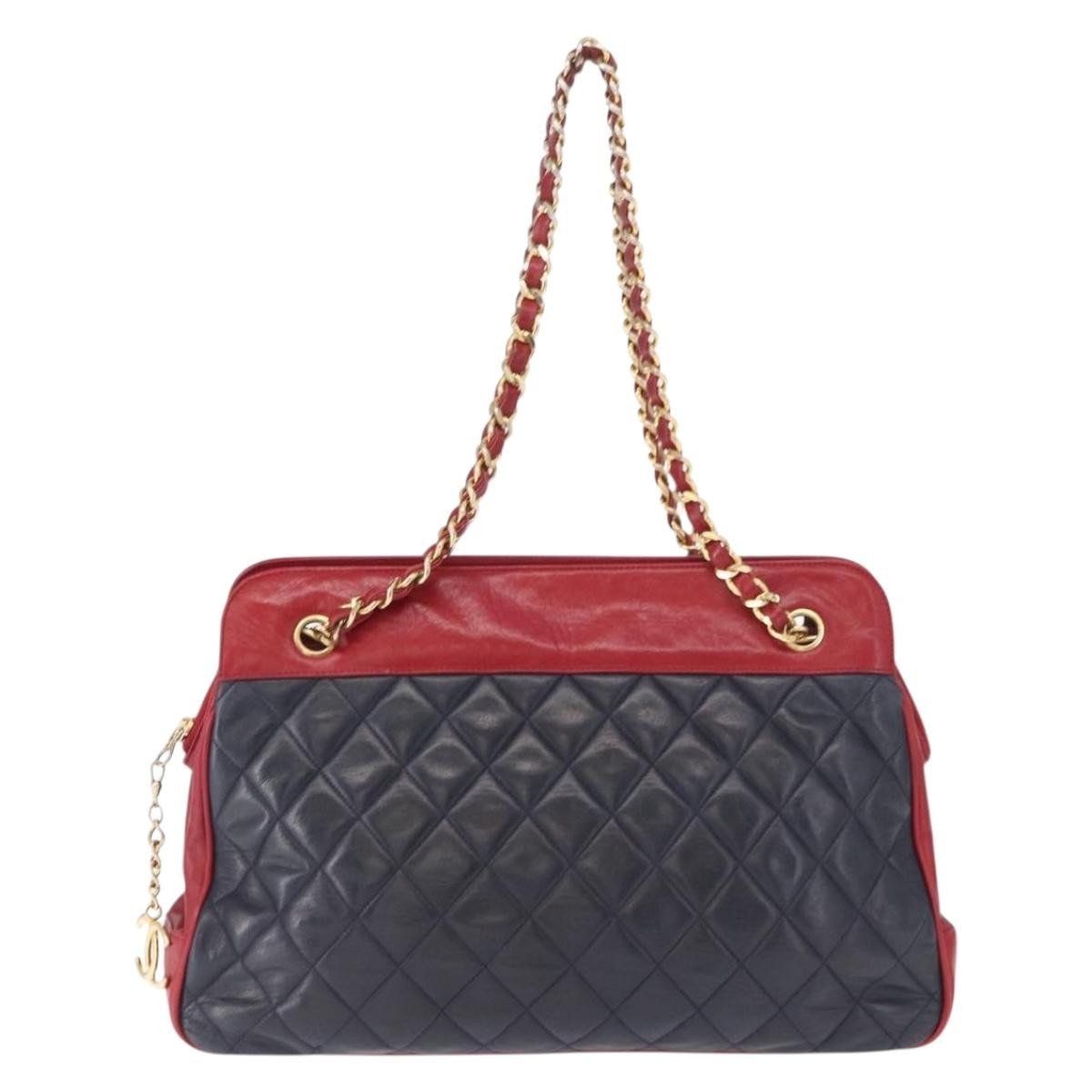Chanel Vintage Chain Tote Quilted Lambskin, NAVY, LEATHER, Shoulder bag