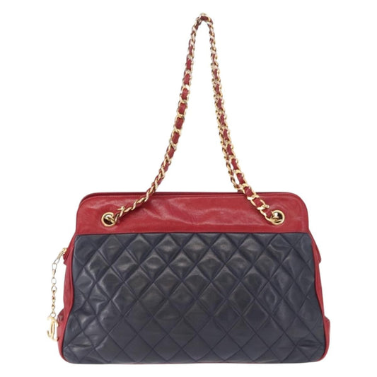 Chanel Vintage Chain Tote Quilted Lambskin, NAVY, LEATHER, Shoulder bag
