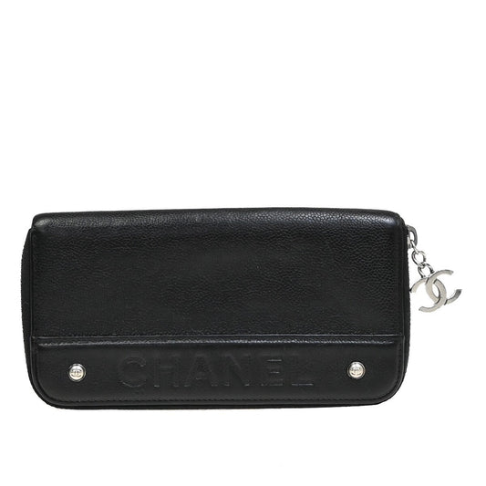 Chanel CC Logo Zipper Long Bifold Leather, BLACK, CALFSKIN, Wallets