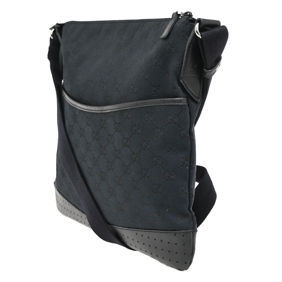 Gucci Zip Messenger Bag GG Canvas with Perforated Leather, BLACK, CANVAS, Shoulder bag