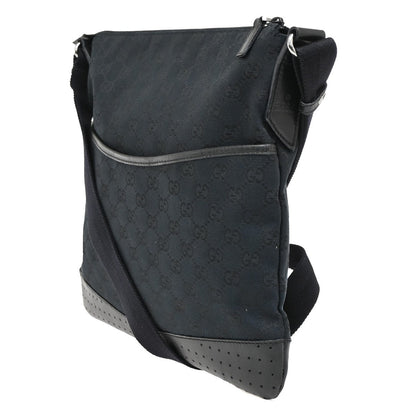 Gucci Zip Messenger Bag GG Canvas with Perforated Leather, BLACK, CANVAS, Shoulder bag