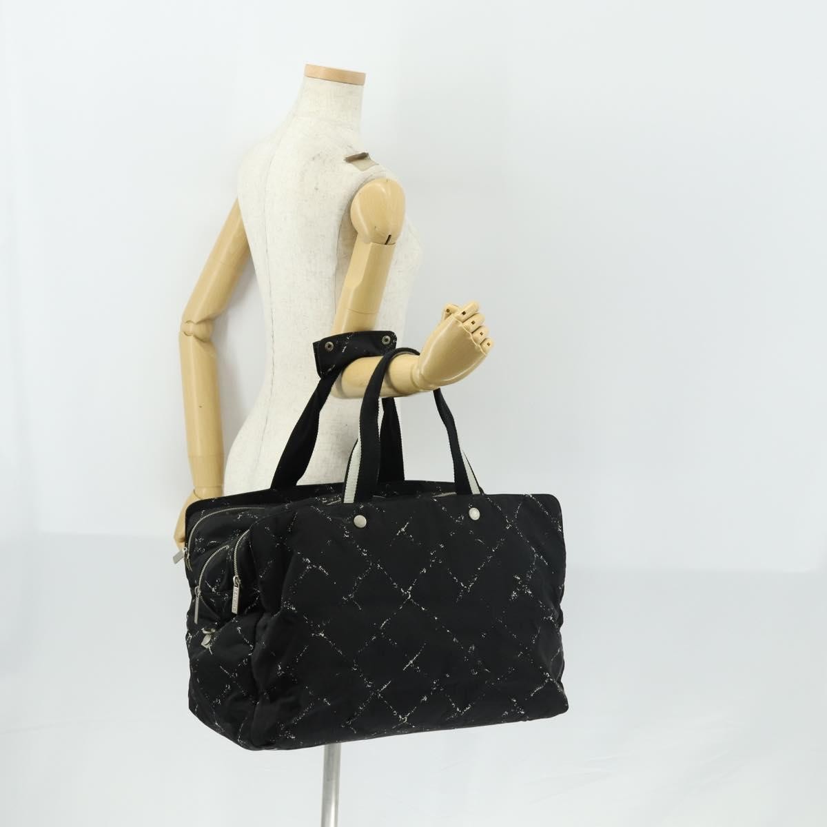 Chanel Travel Line Boston Bag Printed Nylon, BLACK, NYLON, Travel bag