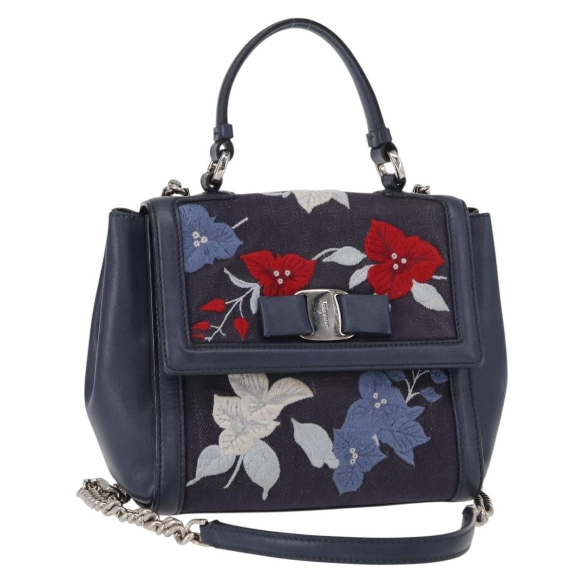 Salvatore Ferragamo Vala Handbag Leather, NAVY, DENIM_JEANS, Handbag