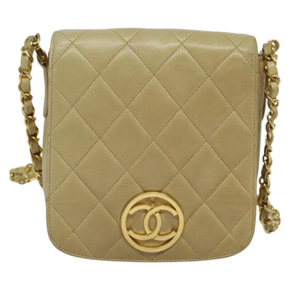 Chanel Logo Chain Shoulder Bag Leather, BEIGE, LEATHER, Shoulder bag