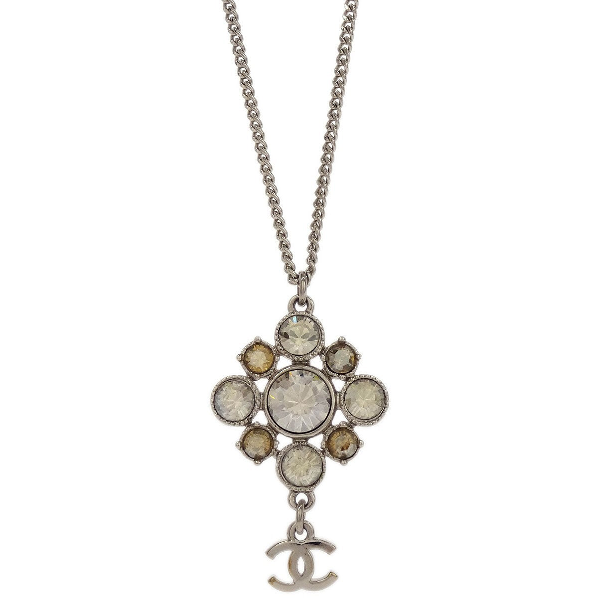 Chanel CC Cluster Drop Pendant Necklace Metal with Crystals, SILVER, METAL, Necklace