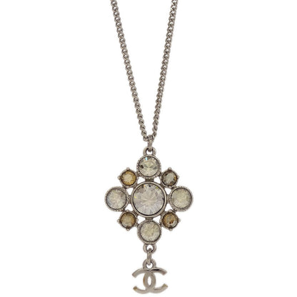 Chanel CC Cluster Drop Pendant Necklace Metal with Crystals, SILVER, METAL, Necklace