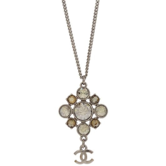 Chanel CC Cluster Drop Pendant Necklace Metal with Crystals, SILVER, METAL, Necklace