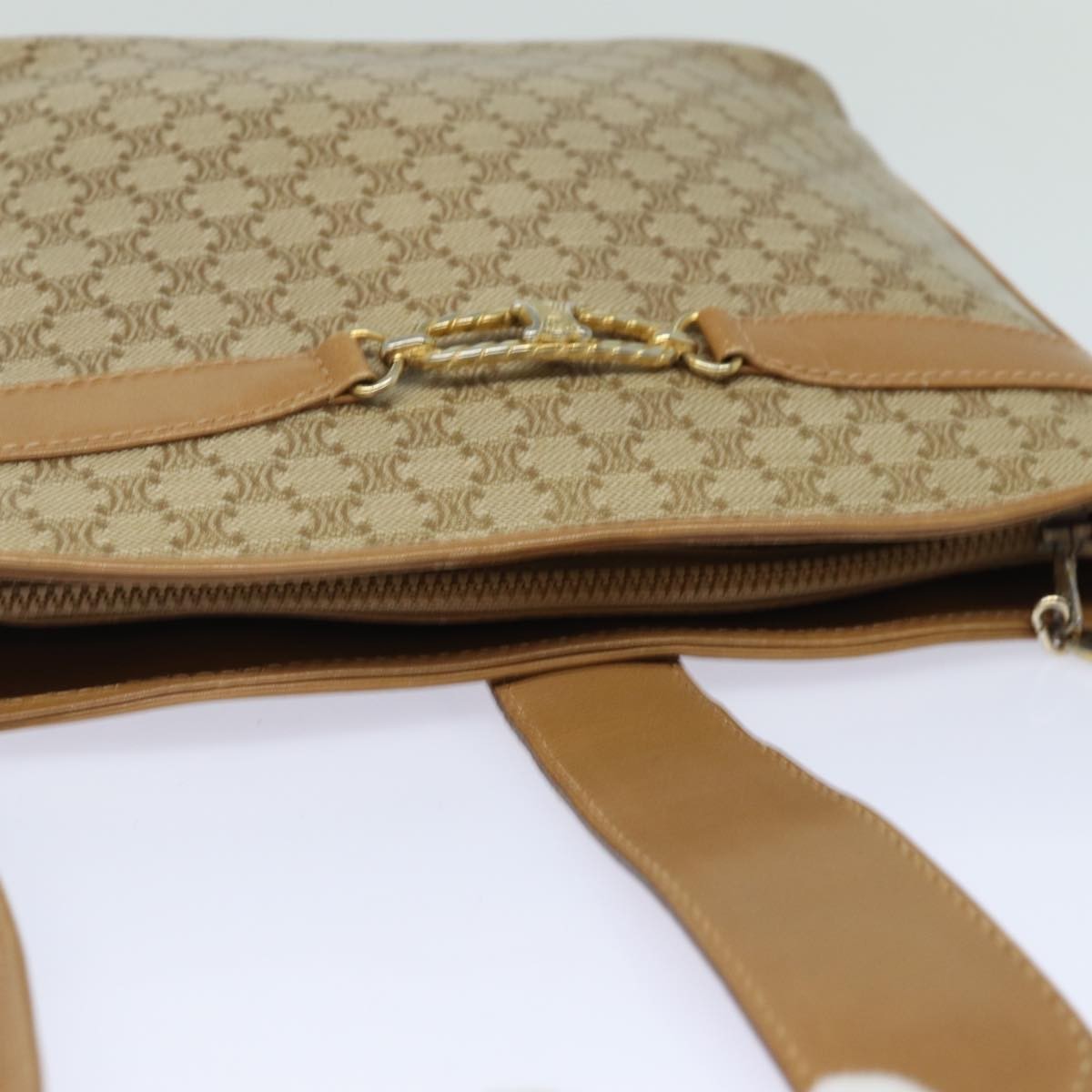 Celine Vintage Macadam Shoulder Bag Canvas and Leather, Beige, Canvas, Shoulder Bag