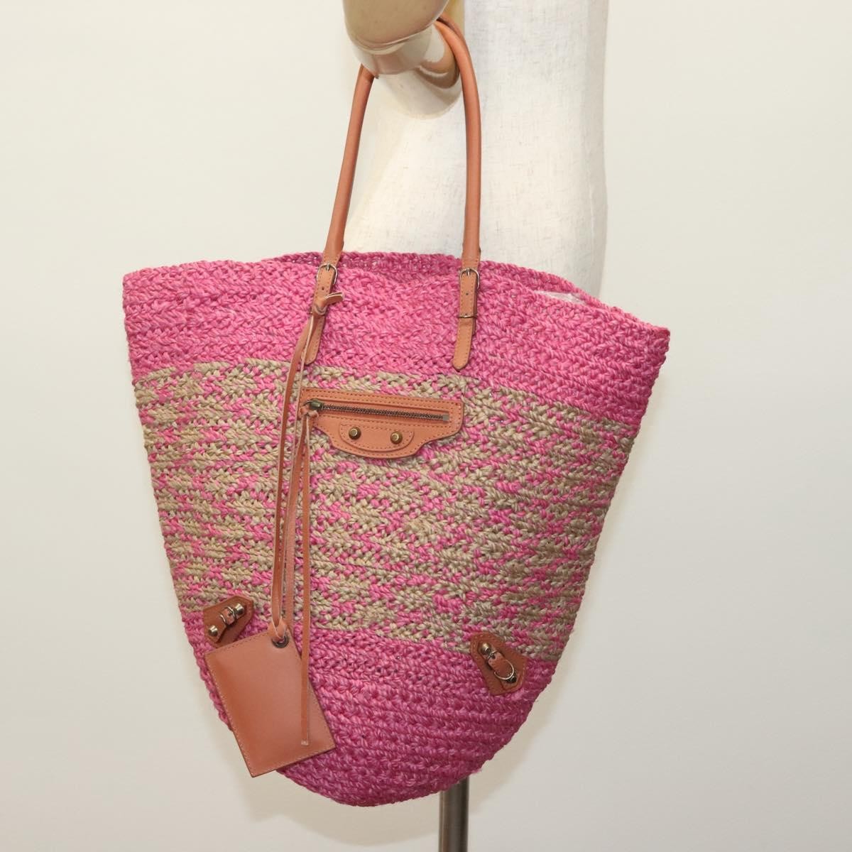 Balenciaga Panier Basket Tote Woven Raffia, PINK, WOOD, Tote bag