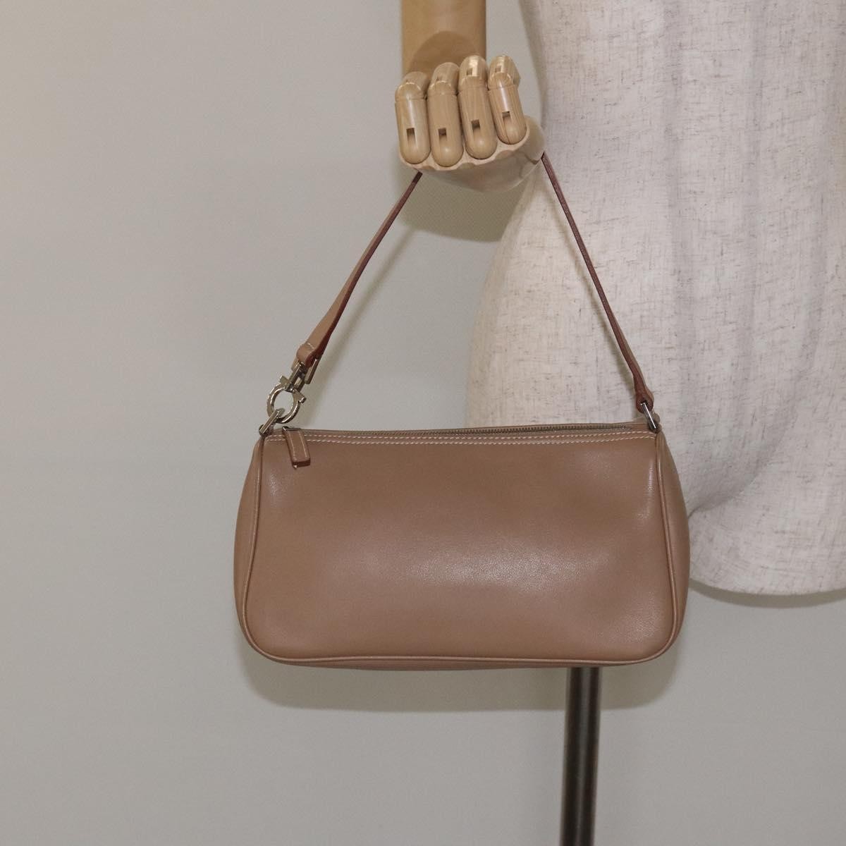 Salvatore Ferragamo Vintage Gancini Pochette Leather, BEIGE, LEATHER, Clutche & pouche
