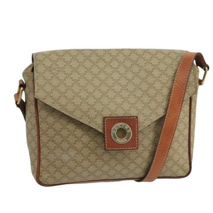 Celine Vintage Macadam Circle Logo Shoulder Bag Canvas and Leather, BEIGE, CANVAS, Shoulder bag
