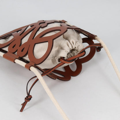 Loewe Anagram Drawstring Bucket Crossbody Bag Leather with Canvas, BEIGE, LEATHER, Crossbody bag