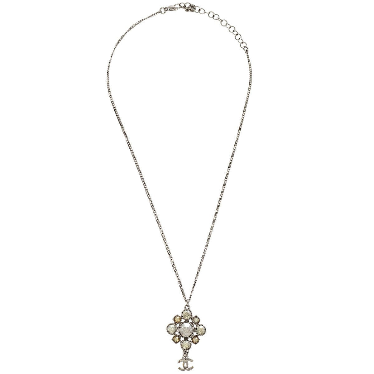 Chanel CC Cluster Drop Pendant Necklace Metal with Crystals, SILVER, METAL, Necklace