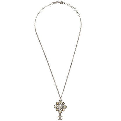 Chanel CC Cluster Drop Pendant Necklace Metal with Crystals, SILVER, METAL, Necklace