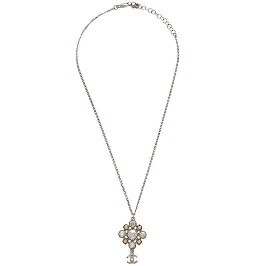 Chanel CC Cluster Drop Pendant Necklace Metal with Crystals, SILVER, METAL, Necklace