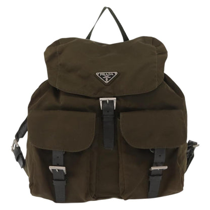 Prada Vela Double Front Pocket Backpack Tessuto with Saffiano Leather, KHAKI, NYLON, Backpack